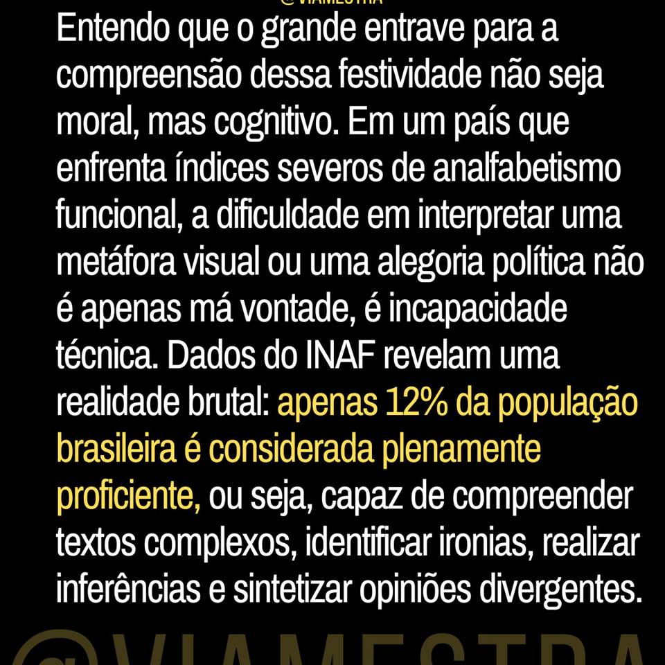 Quebrei o protocolo da nossa segunda-feira, eu sei. Mas há momentos em que o descanso não é apenas um intervalo, é poder viver longe das redes e das burocracias laborais. Desligar as demandas, sair do modo "produção" e apenas descansar o lombo e a mente, algo que nós, educadores, muitas vezes negligenciamos. E, pensando bem, talvez não haja dia mais simbólico que esta Quarta-feira de Cinzas, quando a poeira baixa e a euforia dá lugar à reflexão, para trazermos à tona uma análise mais sóbria sobre tudo o que acabamos de ver na avenida. (3/10)
