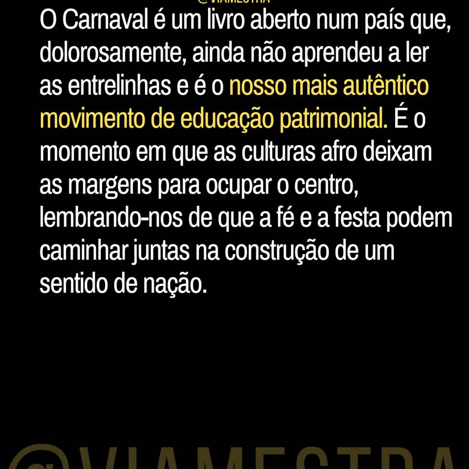 Quebrei o protocolo da nossa segunda-feira, eu sei. Mas há momentos em que o descanso não é apenas um intervalo, é poder viver longe das redes e das burocracias laborais. Desligar as demandas, sair do modo "produção" e apenas descansar o lombo e a mente, algo que nós, educadores, muitas vezes negligenciamos. E, pensando bem, talvez não haja dia mais simbólico que esta Quarta-feira de Cinzas, quando a poeira baixa e a euforia dá lugar à reflexão, para trazermos à tona uma análise mais sóbria sobre tudo o que acabamos de ver na avenida. (9/10)